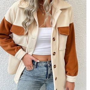 Romantic Hut Cream And Rust Brown Color Block Button Down Shacket
